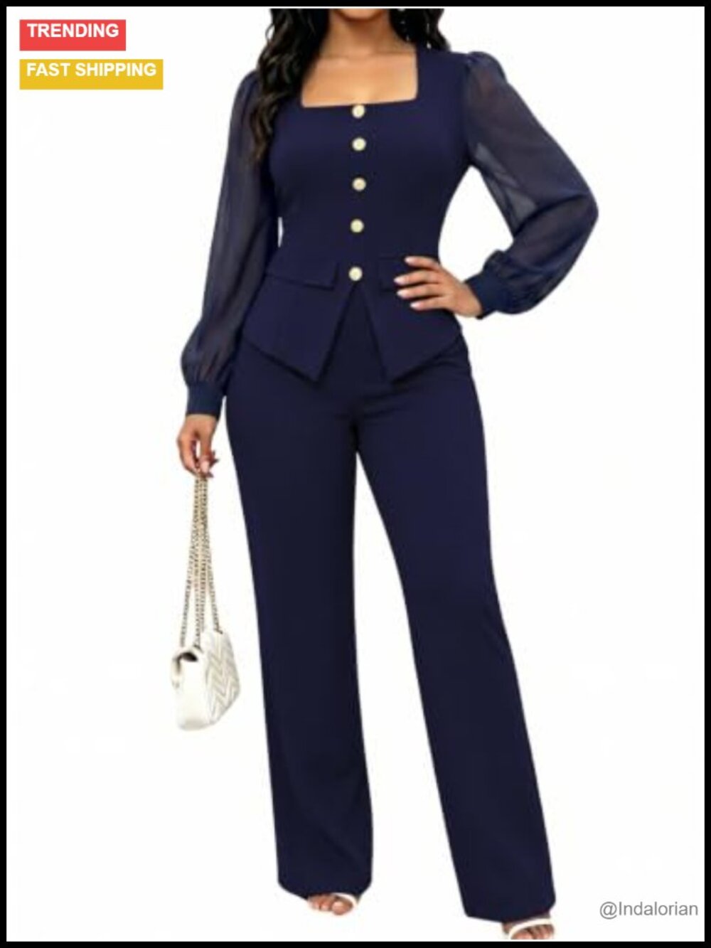 Chiffon Bishop Sleeve Peplum Pantsuit Straight Leg Workwear